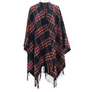 Black Red Tartan Plaid Fringe Cape Wrap Poncho